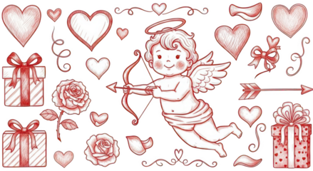 Valentine Cupid with bow and arrow, gifts, roses and hearts on transparent background