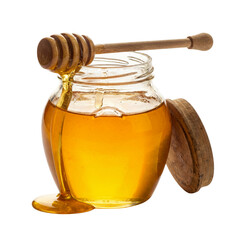 PNG image of Golden, thick, natural liquid honey dripping slowly from a wooden dipper into a clear glass jar on transparent background