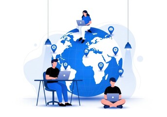 Illustration of people working on laptops with a blue globe behind them isolated on white background