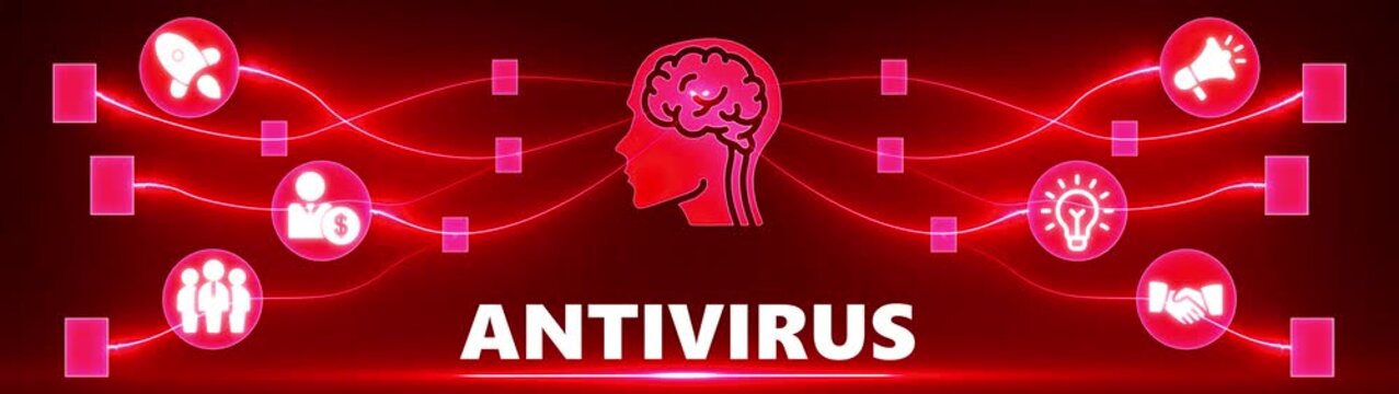 Red Antivirus Concept with Brain and Network Icons Connected by Glowing Lines cybersecurity network security