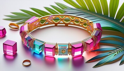 colorful translucent cubes pink bracelet gold ring beaded bracelet and palm leaves on white