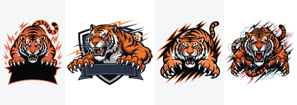 Four aggressive tiger mascot illustrations with lightning and shields roaring