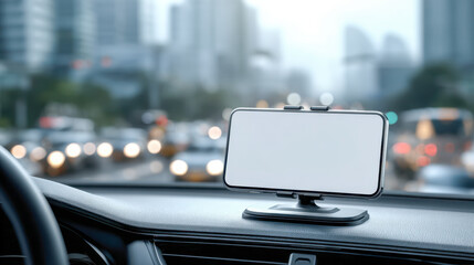 Modern smartphone mounted on a car dashboard with a blank screen against a blurred city traffic background during daytime commute