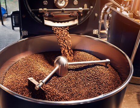 coffee beans pouring into a large roaster