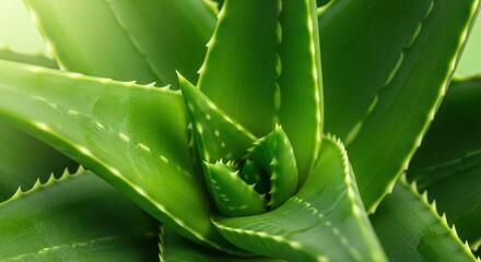 Close up of fresh green aloe vera leaves showing the thick skin and serrated edges, often used for natural health and skin healing, botany, agriculture, aloe