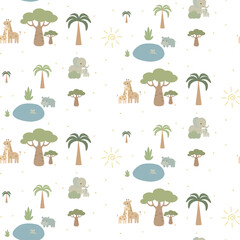 Cute vector seamless patterns with African animals, mothers and babies.