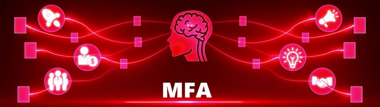 Red Digital Network Connecting Brain Icon with Business and Idea Icons on Dark Red Background for MFA