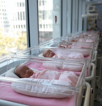 Newborns sleep in transparent cots in a hospital room. An even row of babies in pink blankets symbolizes the beginning of life and care in the hospital.