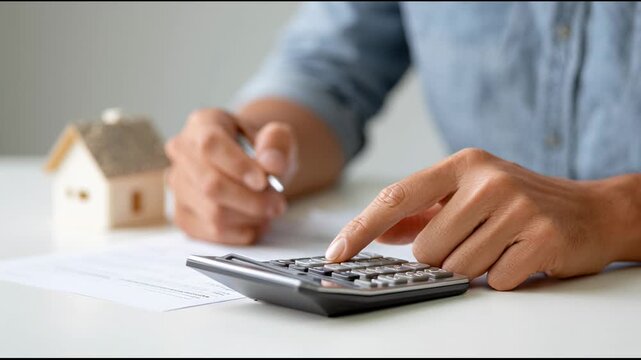 Accountant is carefully calculating house expenses using a calculator, with a miniature house placed nearby, symbolizing the focus on property finances