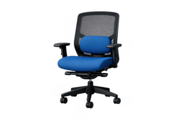 Blue ergonomic executive office chair with mesh backrest and lumbar support, swiveling on wheels, on a transparent background