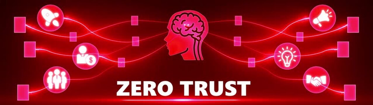 Red glowing network connecting icons to a human head silhouette with the word ZEROTRUST zero trust