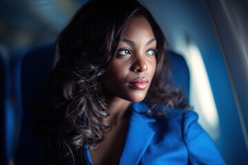Fototapeta premium A beautiful african american businesswoman wearing blue suit and sitting in airplane.