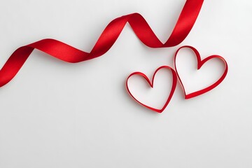 Naklejka premium Red hearts and a ribbon are placed on a clean white background for St. Valentines Day