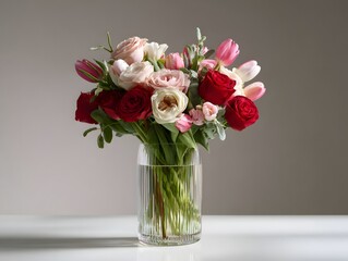 Fototapeta premium Colorful flowers are arranged in a clear ribbed glass vase on a plain surface in bright light