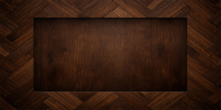 An empty vintage wooden frame rests against a dark hardwood plank wall on a brown parquet floor in a grunge interior room with a blank textured board design