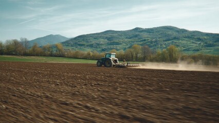Obraz premium Tractor plowing field with mountains background