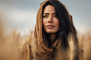 Fototapeta premium Ruth gathers ears of corn in the field of Boaz, a biblical story.