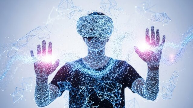 Person wearing virtual reality headset interacting with digital data streams. - Powered by Adobe
