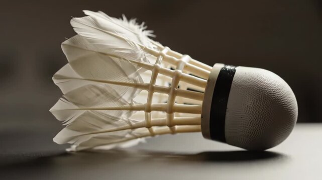 White badminton shuttlecock closeup on dark gray background. Sport equipment for competitive games, recreation, and athletic hobby.