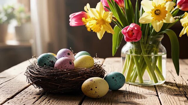 Easter eggs in nest with spring flowers on rustic wood table, creating a festive still life for holiday decoration