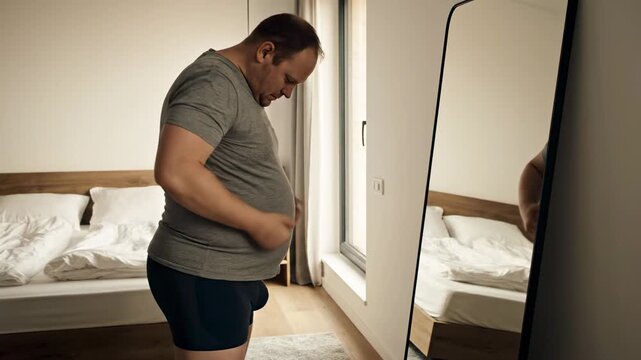 Overweight man in underwear stands near a mirror, observing his abdomen and contemplating body image issues. The scene captures vulnerability and health awareness in a soft-lit modern bedroom
