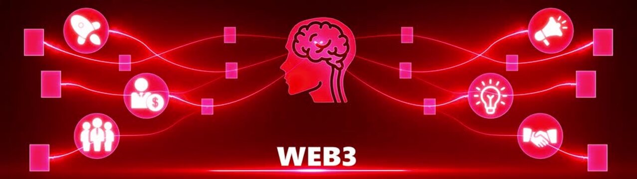 Web3 concept with glowing icons and futuristic circular interface on a dark blue background internet
