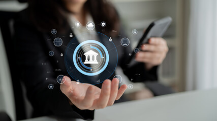 A global FinTech and digital banking network technology concept. A central financial system connected to the worldwide digital economy and services. Motif