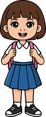 Cute Schoolgirl Cartoon Illustration with Backpack &ndash; Happy Student Isolated