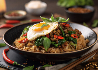 A captivating cinematic shot of fragrant Thai basil fried rice, featuring savory minced meat and a perfectly fried egg, highlighting a delightful Asian meal