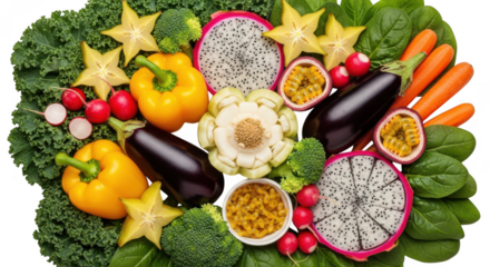 Assorted fruits and vegetables arranged in a circle