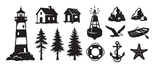 Fototapeta premium Collection of black nautical and nature icons including a lighthouse, anchor, boat, and pine trees, rendered in a rustic, hand-drawn woodcut stamp style for graphic design