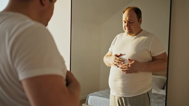 Overweight man stands in front of a mirror, touching his belly and assessing his physique. The scene captures a moment of self-reflection on health and weight loss in soft sunlight