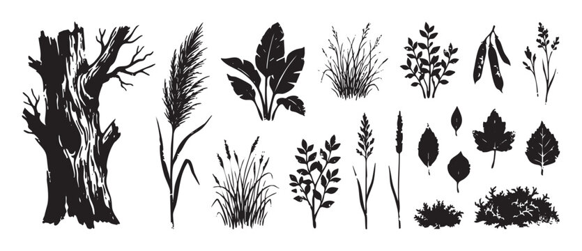 Collection of black plant and tree silhouettes with a distressed, hand-drawn texture, featuring various grasses, leaves, shrubs, and a large gnarled tree for botanical design