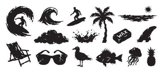 Fototapeta premium Collection of black surfing and beach-themed silhouettes including a surfer, wave, palm tree, and other summer vacation icons in a rough, hand-drawn vector style