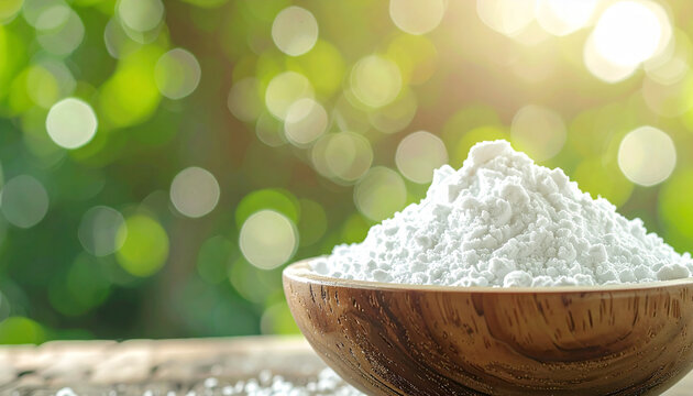 Wooden bowl filled with white zinc oxide powder, natural healthcare supplement concept.