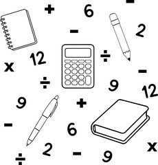 Mathematics School Seamless Pattern - Black Outline Doodle on Transparent Background