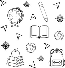 Seamless pattern geography - doodles with black outline on transparent background
