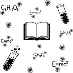 Seamless science pattern - doodles with black outline on transparent background