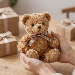 A child holds a small, striped-ribboned teddy bear in a cozy indoor setting with gift boxes