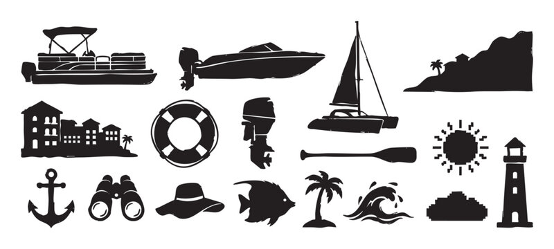 Set of black stamp style icons showing nautical and tropical vacation themes including a pontoon boat, sailboat, lighthouse, anchor, fish, and a palm tree on an island