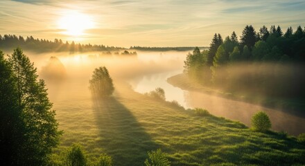Naklejka premium Misty River Valley at Sunrise