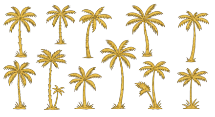 Eighteen distinct hand-drawn golden yellow palm tree illustrations with varied designs and rustic sketchy aesthetic, arranged in rows against a clean transparent background, concept of warm tropical
