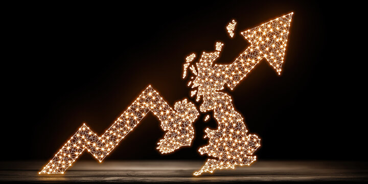  Glowing golden network arrow ascending over European map showing economic growth.