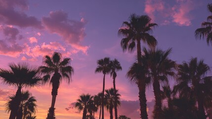 Naklejka premium Palm trees at sunset, their colors blending across the sky in shades of pink, golden yellow, and purple 