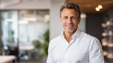 Fototapeta premium A confident man in a white shirt smiles warmly in a modern office setting. The bright background showcases a professional environment. Ideal for business and leadership themes. AI