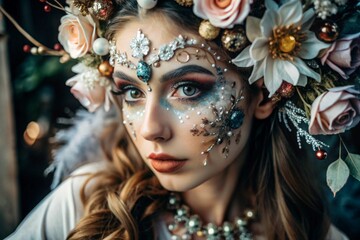 Spring. Portrait of a woman with beautiful makeup, shiny elements, art drawings on her face, and flowers in her hair.