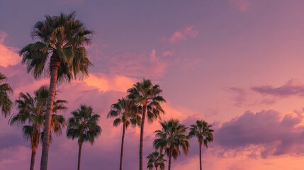 Palm trees at sunset, their colors blending across the sky in shades of pink, golden yellow, and purple
