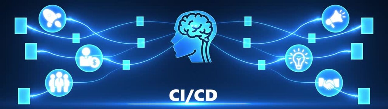 Blue glowing network connecting icons of business and technology to a central human brain silhouette with the text CI/ CD