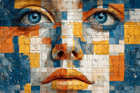 Artistic mosaic portrait of a woman's face with vivid blue eyes and colorful geometric patterns blending shades of orange, yellow, white, and blue on textured tiles