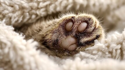 Obraz premium Cat paw showing pink toe beans in fluffy blanket